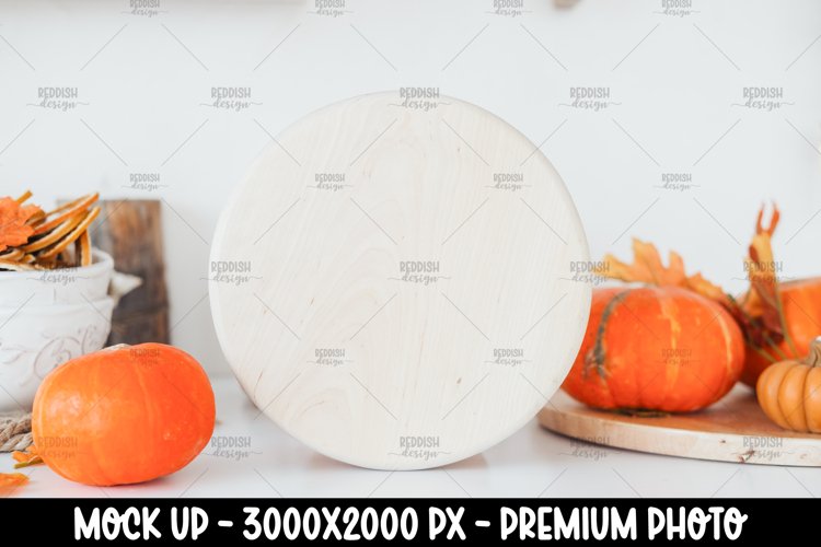 Autumn Round Wooden Sign Mockup, Round Sign example image 1