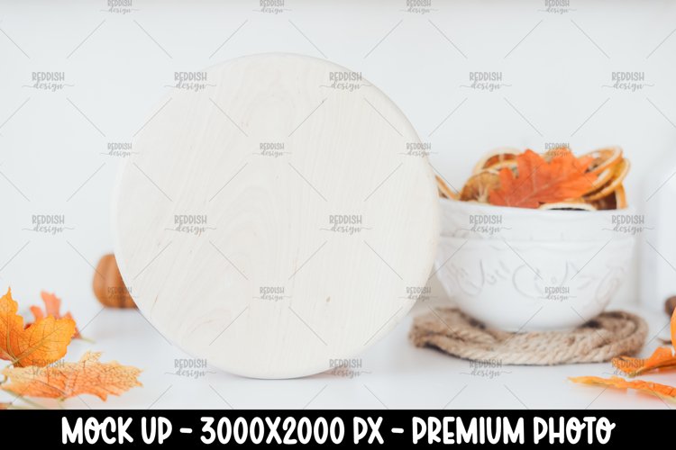 Autumn Round Wooden Sign Mockup, Round Sign example image 1