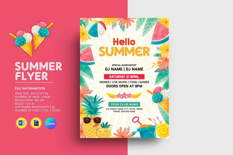 Summer Party Flyer, Canva, Ms Word and Photoshop Template