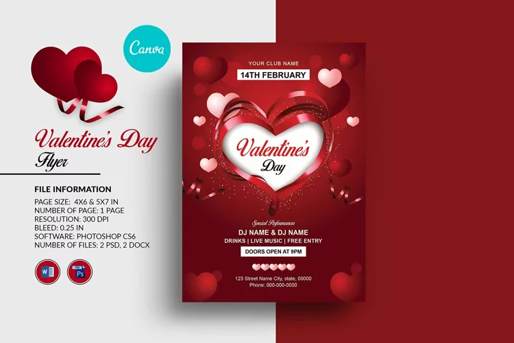 Valentine's Day Party Flyer, Canva, Word and Photoshop