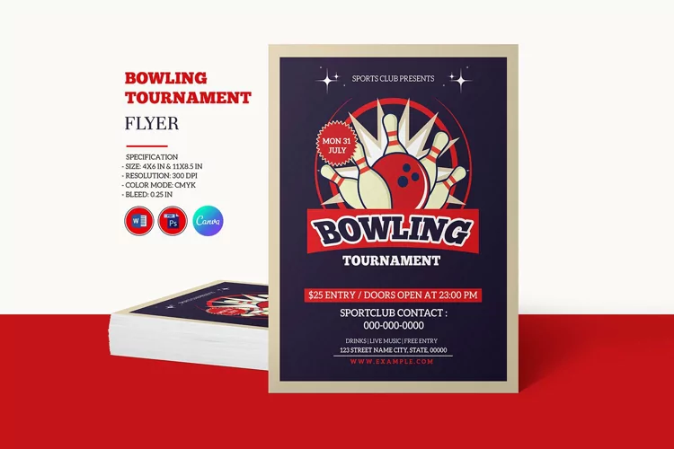 Bowling Tournament Flyer, MS Word , Photoshop & Canva
