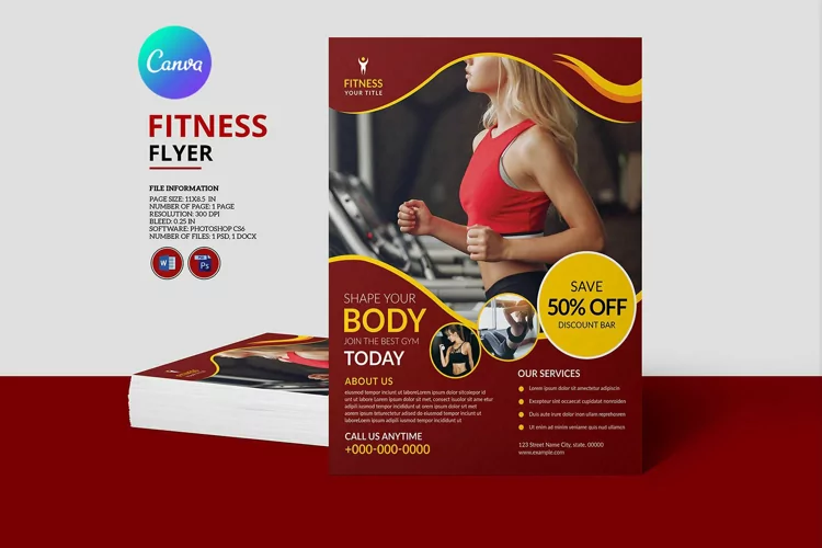 Gym Fitness Club Flyer. Canva, Word and Psd
