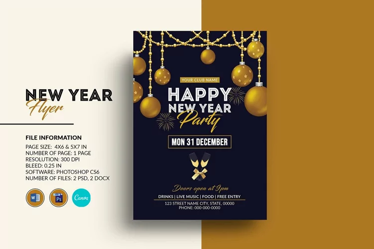 New Year Party Invitation Flyer. Word, Psd and Canva