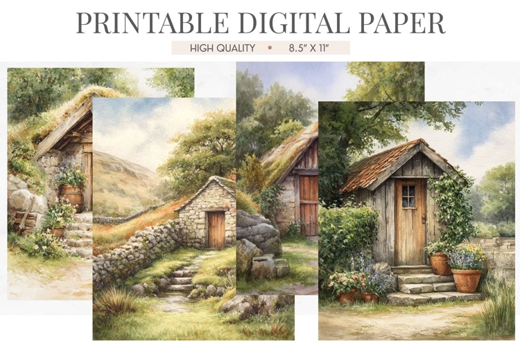 Mossy Stone Shed Garden Digital Paper