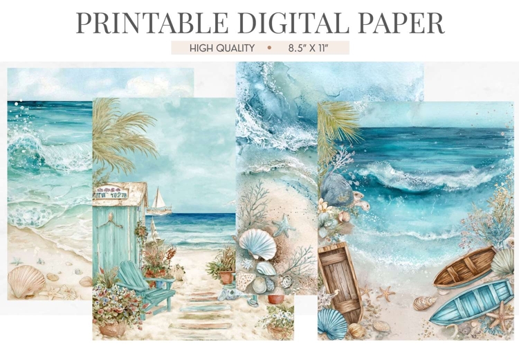 Ocean Waves Seashell Beach Digital Paper
