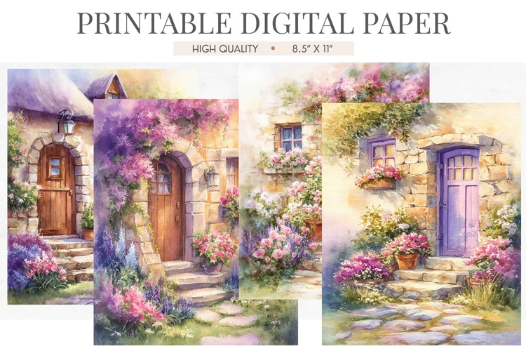 Rose Cottage Door Bicycle Digital Paper