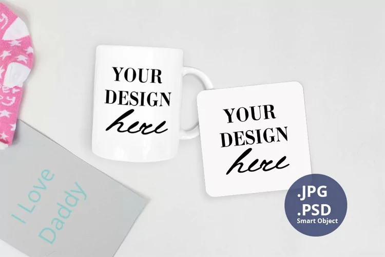 Coffee mug & coaster Father's Day mockup PSD, Coffee mug JPG