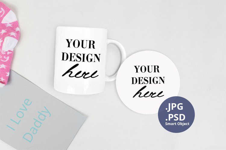 Coffee mug & Round coaster Father's Day mockup PSD, Mock PSD example image 1