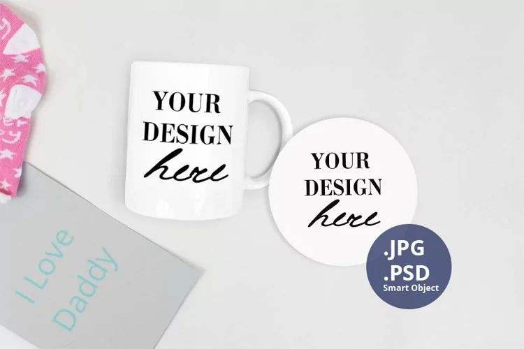 Coffee mug & Round coaster Father's Day mockup PSD, Mock PSD