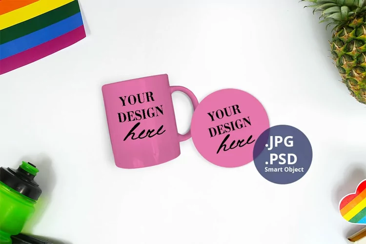 Color mug & round coaster Mockup Pride, Mockup PSD & JPG