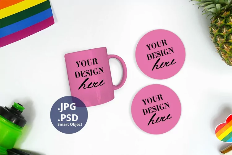 Color mug & 2 round coasters Mockup Pride, Mockup PSD & JPG
