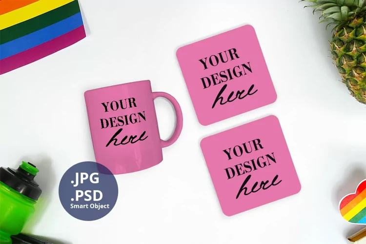 Color mug & Two coasters Mockup Pride, Mockup PSD & JPG