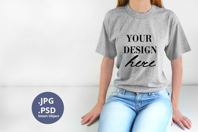 Gray t-shirt woman model Mockup, Mockup PSD & JPG example image 1