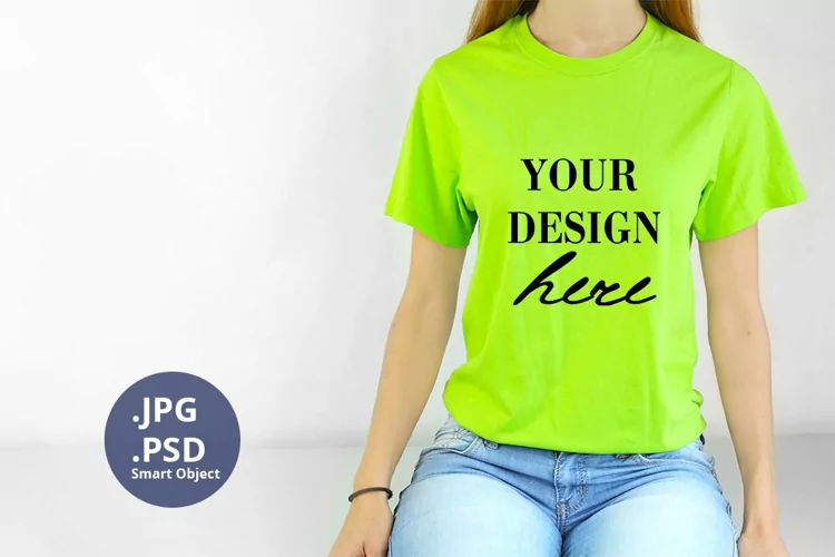 Electric Green t-shirt woman model Mockup, Mockup PSD & JPG