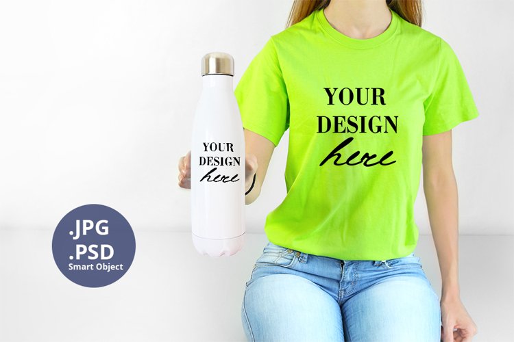 Electric Green t-shirt woman & Bottle Mockup, Mockup PSD example image 1