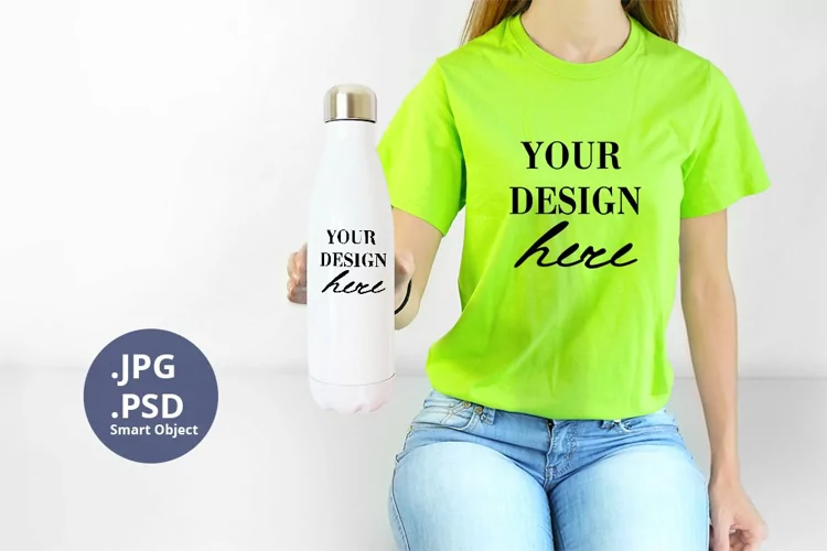 Electric Green t-shirt woman & Bottle Mockup, Mockup PSD