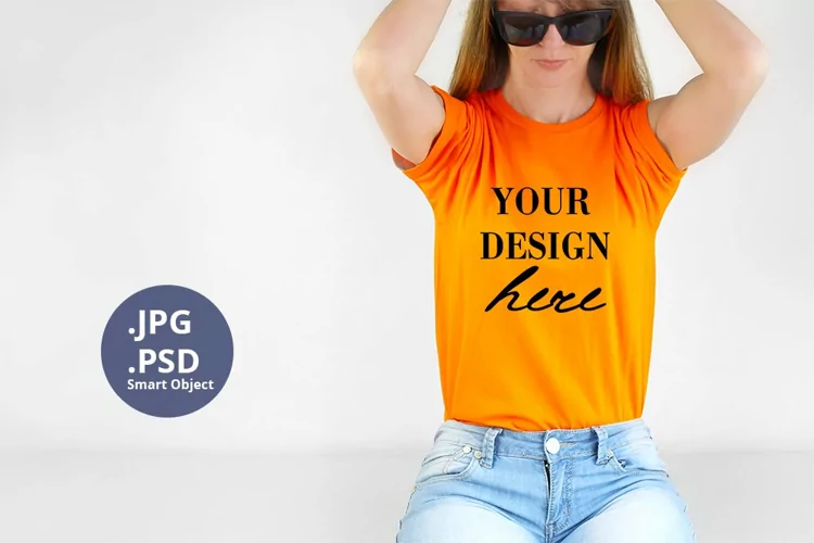 Orange t-shirt woman & Sun Glasses model Mockup, Mockup PSD