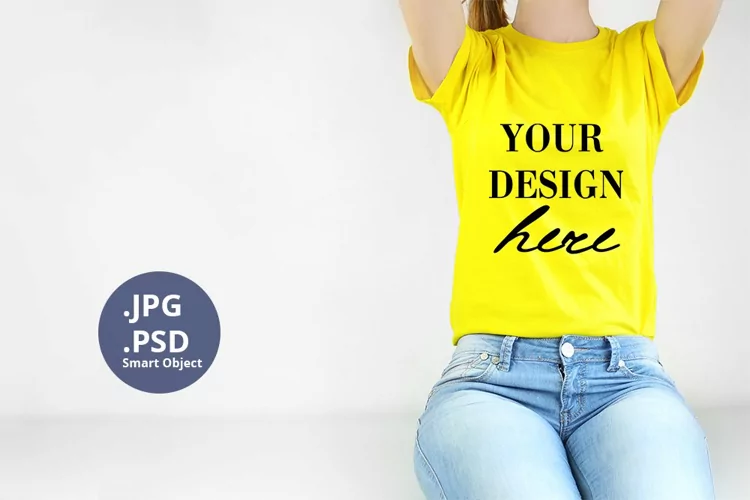 Yellow t-shirt female model Mockup PSD, Mockup PSD & JPG