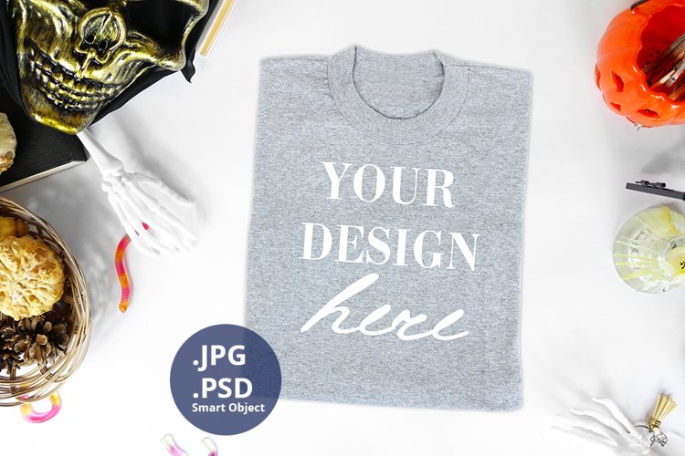 Gray t-shirt Halloween Mockup PSD, folded t-shirt mockup JPG example image 1
