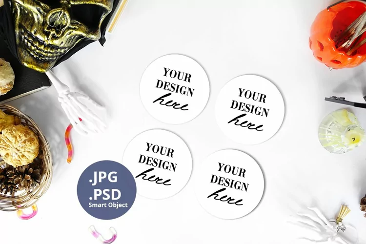 4 round coasters Halloween Mockup PSD, four coasters