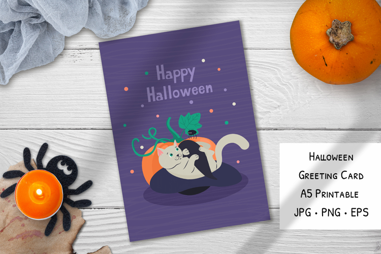 Halloween Cat Greeting Card - Printable A5 and Vector File