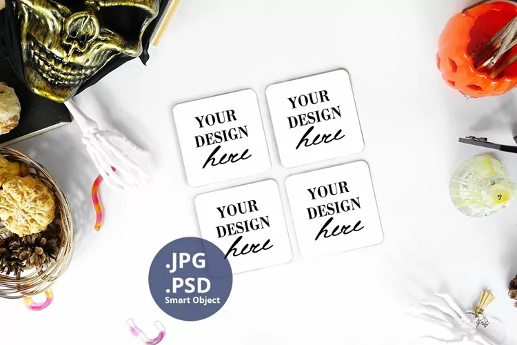 4 square coasters Halloween Mockup PSD, four coasters
