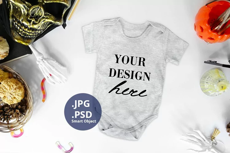 Halloween Mockup Gray Baby Bodysuit PSD, Baby Bodysuit JPG
