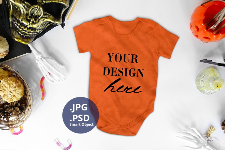 Halloween Mockup Orange Baby Bodysuit PSD, JPG mockup example image 1
