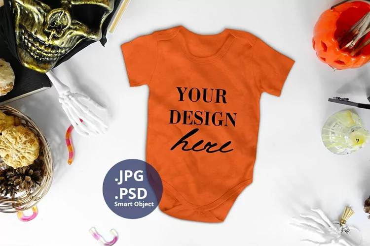 Halloween Mockup Orange Baby Bodysuit PSD, JPG mockup