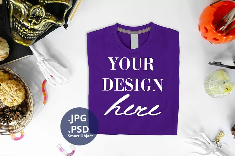 Purple t-shirt Halloween Mockup PSD, Folded t-shirt JPG