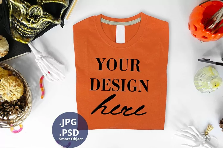 Orange t-shirt Halloween Mockup PSD, Folded t-shirt JPG
