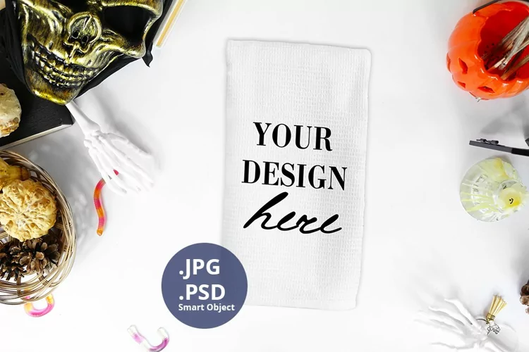 Halloween Mockup Kitchen Towel PSD, white towel JPG