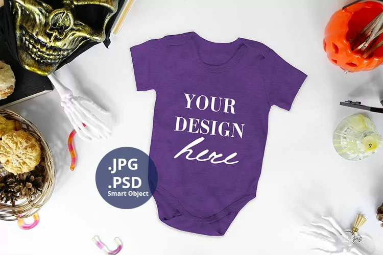 Purple Baby Bodysuit Halloween Mockup PSD, Baby bodysuit