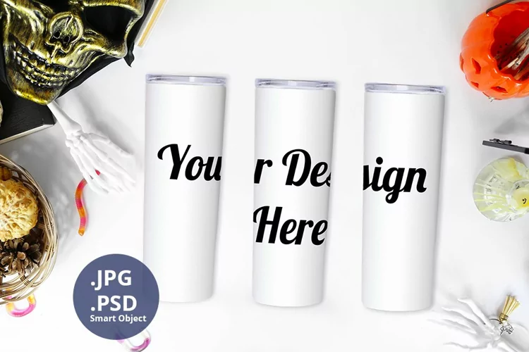 3 Tumblers Halloween Mockup PSD, Full Wrap skinny tumblers