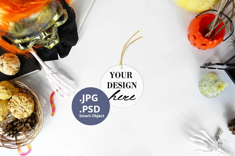 Round Ornament Halloween Mockup PSD, White ornament JPG