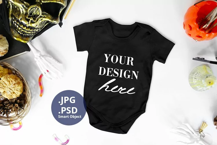 Black Baby Bodysuit Halloween Mockup PSD, Baby bodysuit JPG