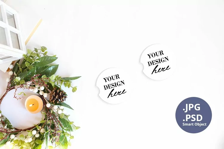 Two Car coasters Christmas Mockup PSD, JPG car coasters