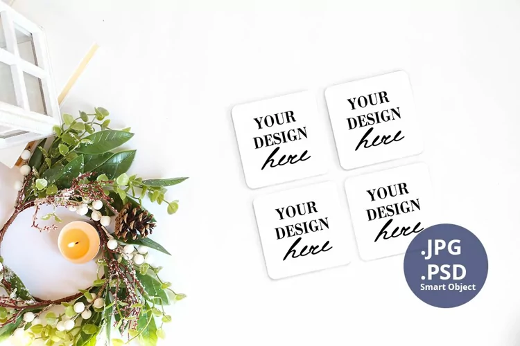 Four Coasters Christmas Mockup PSD, JPG 4 coasters mockup