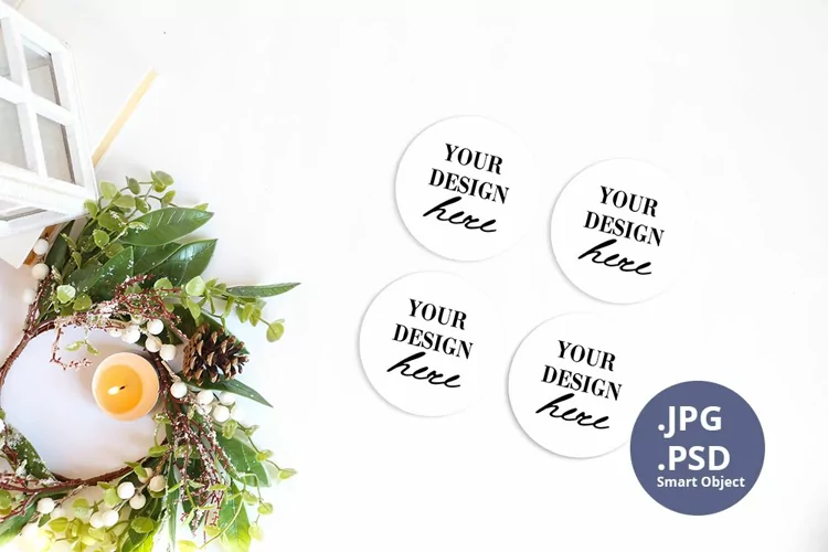 Four Round Coasters Christmas Mockup PSD, JPG 4 coasters