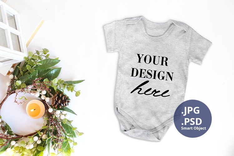 Gray baby bodysuit Christmas Mockup PSD, JPG mockup example image 1