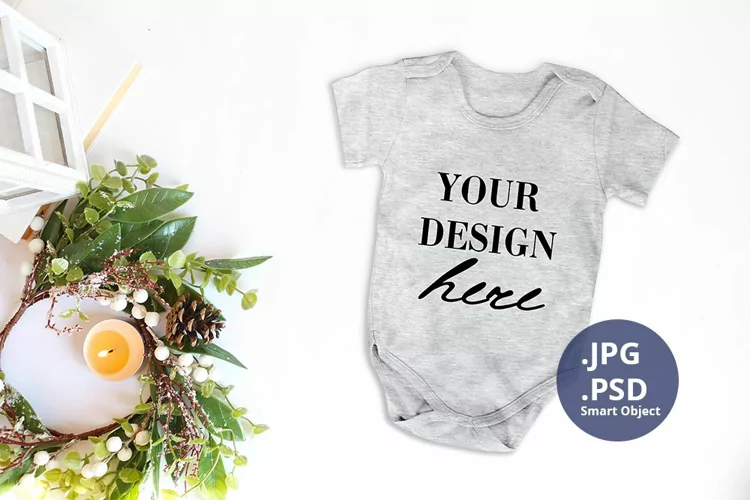 Gray baby bodysuit Christmas Mockup PSD, JPG mockup