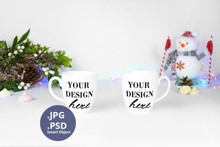 Two Bistro Mugs Christmas Mockup PSD, JPG Christmas mockup example image 1