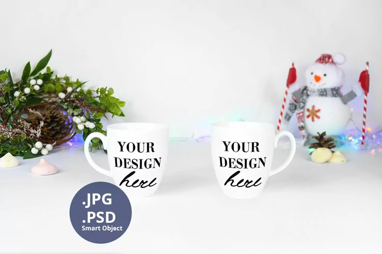 Two Bistro Mugs Christmas Mockup PSD, JPG Christmas mockup