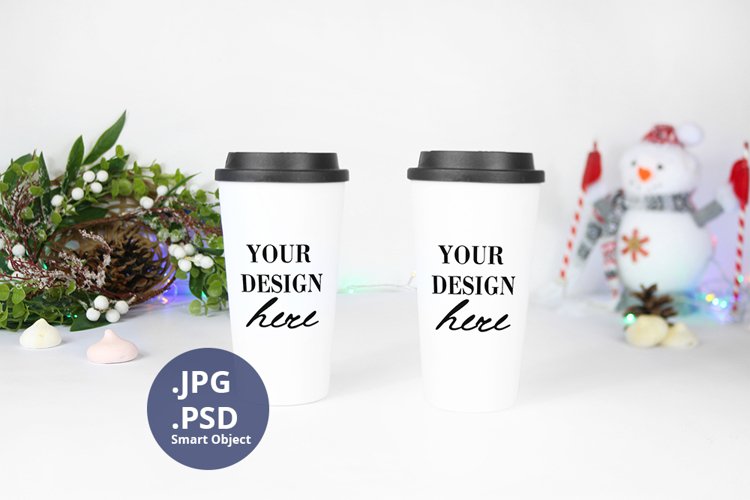 Two Travel Mugs Christmas Mockup PSD, JPG Christmas mockup example image 1