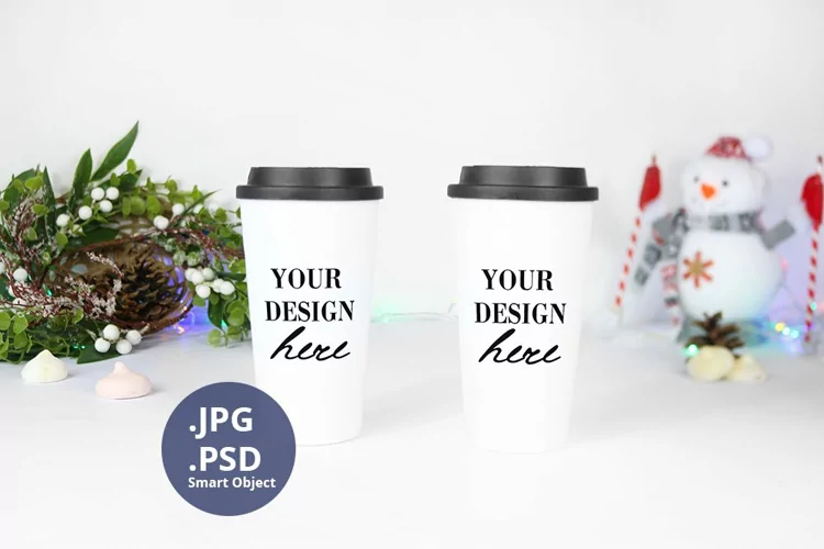 Two Travel Mugs Christmas Mockup PSD, JPG Christmas mockup