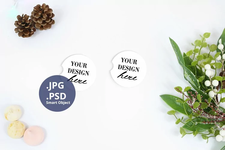 2 Car coasters Christmas Mockup PSD, JPG car coasters