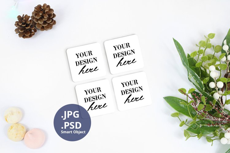 Four square coasters Christmas Mockup PSD, JPG coasters example image 1