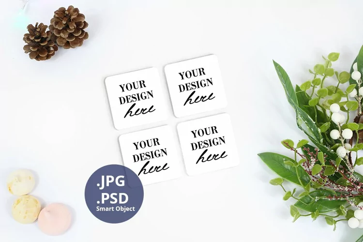 Four square coasters Christmas Mockup PSD, JPG coasters