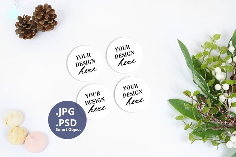 Four round coasters Christmas Mockup PSD, JPG coasters example image 1
