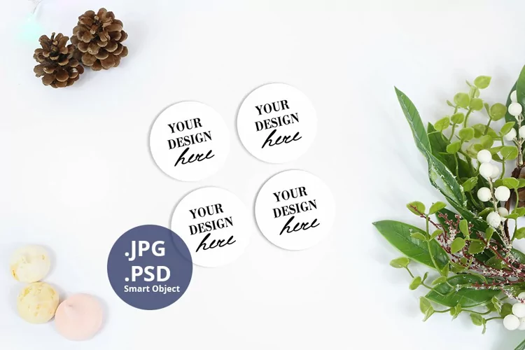 Four round coasters Christmas Mockup PSD, JPG coasters